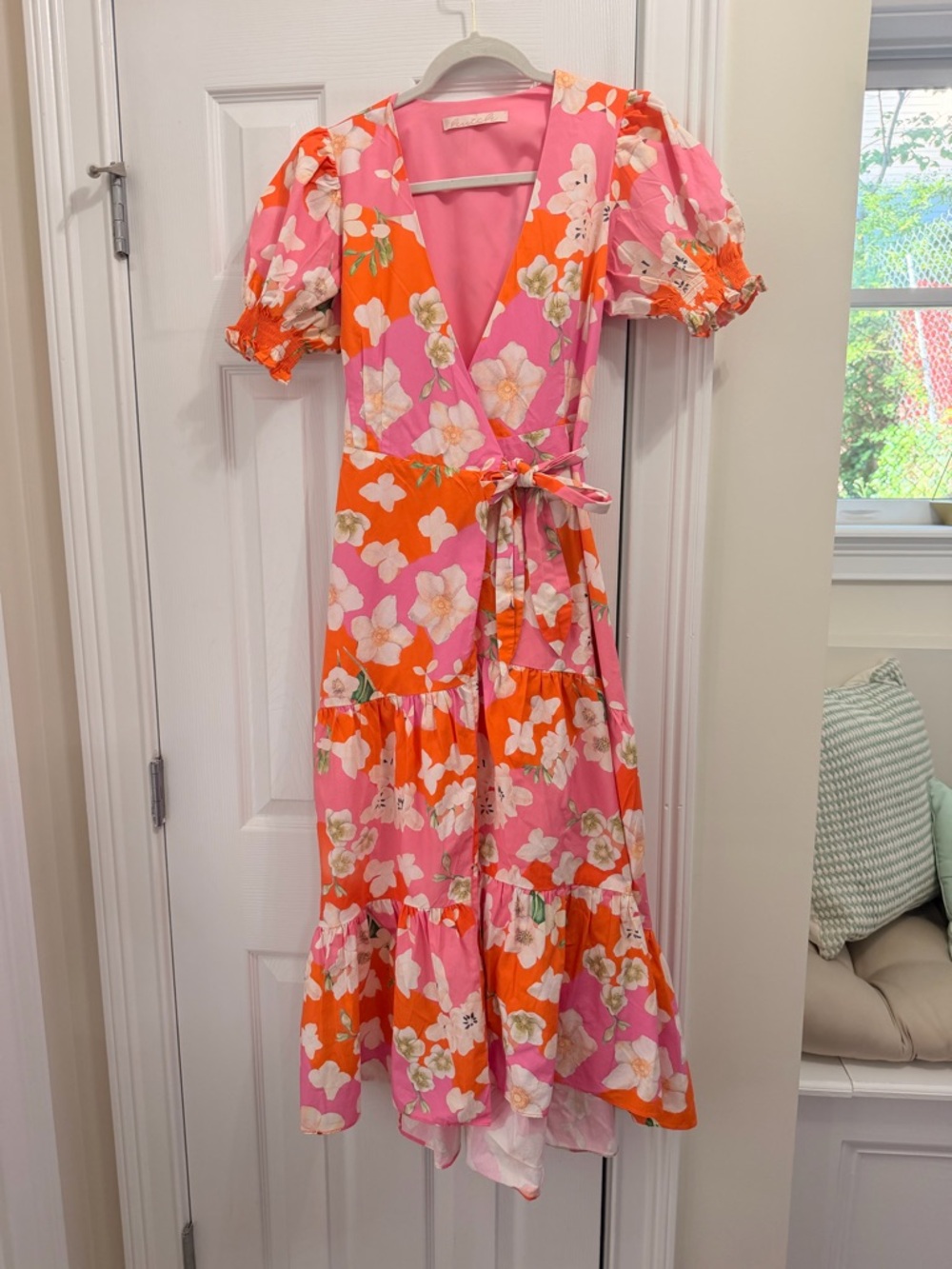 Hutch Pink and Orange Floral Wrap Midi Dress with Puff Sleeves - Picture 4 of 6